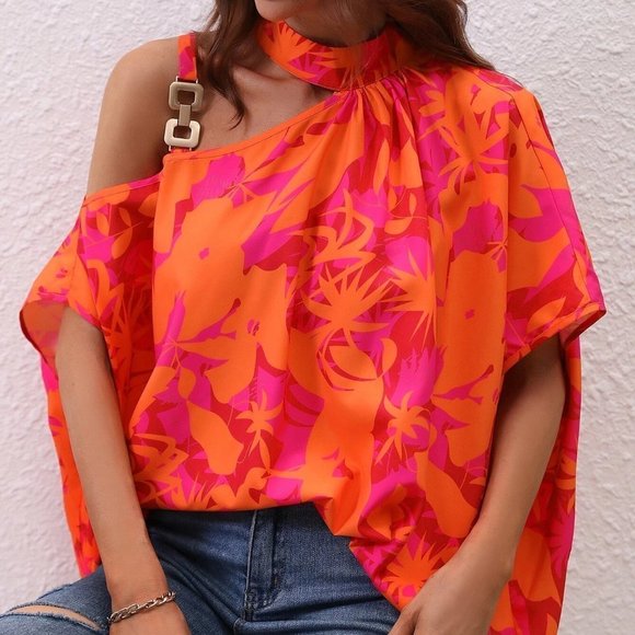 Boho Floral Print Asymmetrical Neck Chain Detail Blouse - Picture 4 of 5